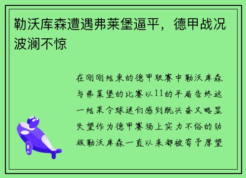 勒沃库森遭遇弗莱堡逼平，德甲战况波澜不惊