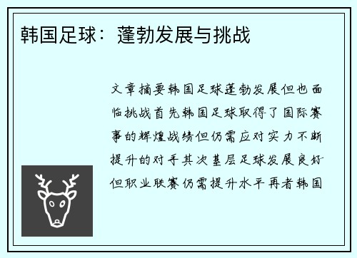 韩国足球：蓬勃发展与挑战